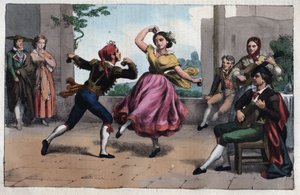 A bolero tánca és a granadai jelmezek - a bolero tánc és a granadai jelmezek - metszet az Univerzum minden népének felhasználásai és jelmezei című könyvből. Ez a kormányzás, a törvények, a milícia és a legtávolabbi nemzetek vallásának története. alkotó: Unknown artist
