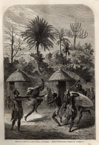 Landines vagy Zulu caffres tánca Shoupangában (a Zambeze folyó jobb partja). Metszet Dr. Livingstone első dél-afrikai útjainak illusztrálására 1840 és 1856 között, a „Le tour du monde, nouveau Journal des voyages” című kiadványban, amelyet a szörnyűség ala alkotó: Unknown artist