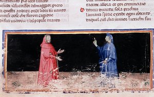 Dante (kékben) és Vergilius (a pokol 3. dala, az Isteni színjátékban) (miniatűr alkotó: Unknown artist