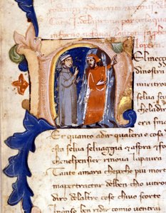 Dante és Vergilius a pokol bejáratánál. (" N "" betűjel) A 14. századi milánói Divina Commedia (Isteni színjáték) Incipit of a Hell of a Divina Commedia, trivulzi könyvtár. (Életünk utazásának közepén...) alkotó: Unknown artist