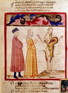 Dante és Vergilius találkozik egy bűnös lelkével, akit a sárkány felfalására ítélt. A pokol dalát illusztráló világító oldal Dante Alighieri (1265-1321) „Divina Commedia” című művéből merít. 14. század, Velence, Biblioteca Marciana alkotó: Unknown artist