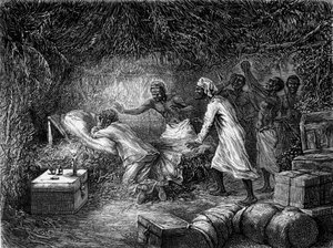 David Livingstone vérhasban halt meg Tchitammbo faluban 1873-ban – „” Livingstone utolsó útja 1866-1873”” a „” Tour du Monde” 2. szem. 1875 alkotó: Unknown artist