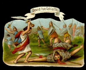 Dávid és Góliát: Dávid megöli Góliátot az öblével. 19. századi kromolitográfia. alkotó: Unknown artist