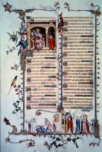 Dávid megfenyegette Sault. A kapzsiság allegóriája. Az úrvacsora szentsége. A jótékonyság allegóriája. Miniatűr a „Breviaire de Belleville” zsoltárból alkotó: Unknown artist