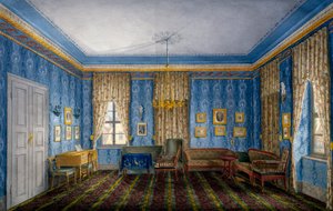 Társalgó kék tapétával és füzérekkel alkotó: Unknown artist