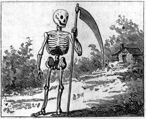 A halált hamisítványsal ábrázolják. 1860-as metszet. alkotó: Unknown artist