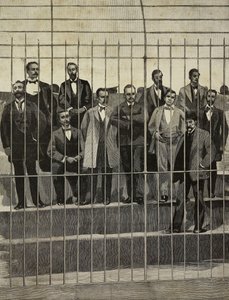 Vádlottak a Giuseppe de Felice Giuffrida (1859-1920) és társai elleni perben, Palermo, Olaszország, metszet E Interguglielmi fényképéről, L