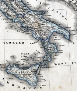 Dél-Olaszországot (Campania, Calabria, Szicília, Puglia, Molise Abruzzo régiók) ábrázoló földrajzi térkép részlete. 19. század alkotó: Unknown artist