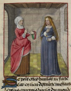 A la Vieille (a Duenna) és a Bel Accueil (tisztességes üdvözlet) miniatűr részlete a „Le Roman de la Rose”-ból alkotó: Unknown artist