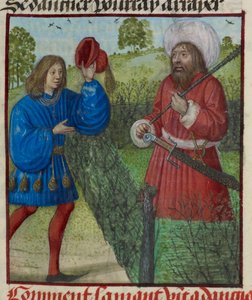 Részlet a Veszélyt köszöntő szerető miniatúrájáról, a „Le Roman de la Rose”-ból alkotó: Unknown artist