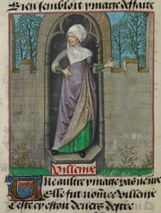 Részlet Vilenie (Villainy) allegorikus alakjának miniatúrájáról a fólió második oszlopában, a „Le Roman de la Rose”-ból alkotó: Unknown artist