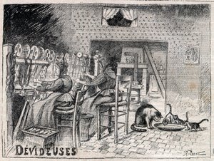 Devideuses - Atelier de Canut - egy lyoni selyemszövő műhely belseje, 1895-ös „Le Progres illustrious” metszet alkotó: Unknown artist