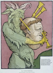 Ördög dudázik egy szerzetesfejjel - metszet alkotó: Unknown artist