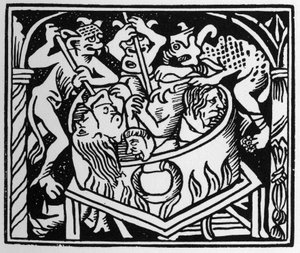 Az ördögök kínozzák a buja élőhelyet a tűz és kén kútjában – a „” Grand Calendrier et Compost des Bergers”-ben, Lyon alkotó: Unknown artist