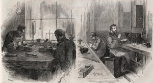 Gyémántvágás egy hollandiai műhelyben: hasítók és polírozók - Gravírozás „” Le Monde Illustré”” alkotó: Unknown artist