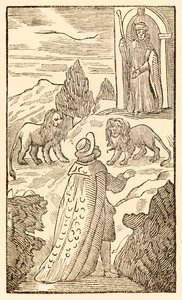 A nehézség a háta mögött van, a félelem előtte A zarándokok előrehaladása ebből a világból, az eljövendőbe (John Bunyan (1628-1688)) Christian átmegy az oroszlánok között, miközben éberen néz a portás alkotó: Unknown