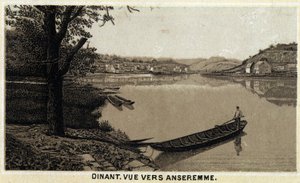 Vacsora, kilátás Anseremme felé és a Lesse folyóra, Belgium Vallon régiójában. A 19. század végének kromolitográfiája. alkotó: Unknown artist