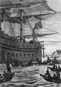 India felfedezése: Wallis utazása a Csendes-óceánon; A bennszülöttek találkozni fognak a Colonokkal – Jules Verne „Les Voyageurs du 18eme et 19eme ecle” című könyvében, szerk. Hetzel et Cie, Párizs. alkotó: Unknown artist