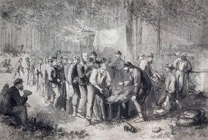 Adagok kiosztása észak-amerikai katonai egységnek, Amerikai Egyesült Államok, amerikai polgárháború, metszet alkotó: Unknown artist