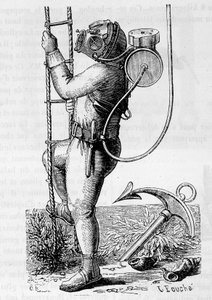 Gumiruházattal és szabályozó tartállyal bevont búvár – Louis Figuier „A tudomány csodái” c. alkotó: Unknown artist