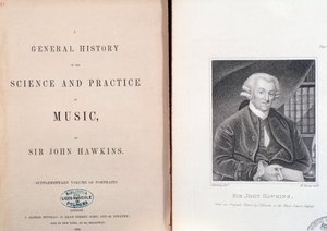 John Hawkins A zene tudományának és gyakorlatának általános története című könyvének dupla oldala és előlapja alkotó: Unknown artist