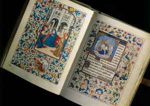 Nyitott kézirat (könyv) dupla oldala: a Szentlélek alászállása. Miniatűr Burgundi Mária breviáriuma után alkotó: Unknown artist