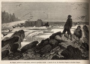 Dr. Hayes, megérkezik az Északi-sark szabadtengerére, expedíciójának célja, elülteti az amerikai csillagzászlót. Doctor Hayes, az Egyesült Államok haditengerészetének sebésze az 1860-1862-es metszet az Északi-sark-sark szabadtengerére tett utazásának illus alkotó: Unknown artist