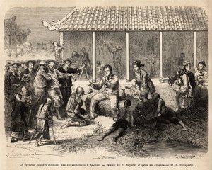 Dr. Joubert Se-Mao-ban (Kína) ad tanácsot, miután meggyógyított egy súlyosan megsebesült katonát, a város teljes lakossága behatol a kutatócsoport házának udvarába a kezelés reményében, többségük innen szenved. alkotó: Unknown artist