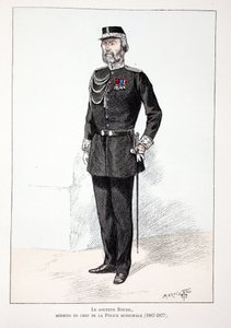 Dr. Roudil, a városi rendőrség főorvosa (1867-1877). Színes rézkarc, illusztrációként „A békefenntartók hadtestének története”” című könyv Louis Lepine (1846-1933) Szajna menti rendőrprefektus gondozásában jelent meg, A. alkotó: Unknown artist