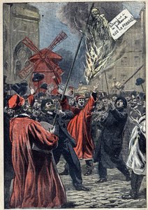 Dreyfus-ügy – Párizs – 1898: antiszemita megnyilvánulás a Montmartre-ban. Martin Dreyfus, Alfred bátyjának képmása brulee van a téren, nyakában egy tábla lóg: „Dreyfusnál van az akasztófa. Éljen Franciaország!" Illusztráció a „Le Pelerin” című könyvben, J alkotó: Unknown artist