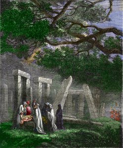 Emberáldozatot bemutató druidák Stonehenge-ben, akiket római katonák állítottak meg - Emberáldozatot bemutató druidák Stonehenge-ben, akiket római katonák állítottak meg a szertartás közben - Színező metszet a 19. századból. alkotó: Unknown artist
