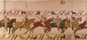Vilmos herceg arra buzdítja csapatait, hogy bölcsen, mint a férfiak készüljenek fel az angol hadsereg elleni csatára, Bayeux gobelin (gyapjú hímzés vászonon) alkotó: Unknown artist