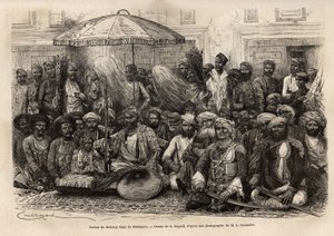 Durbar (egy hercegi állam feodális és jogi tanácsa) Maharaja Rana-ból, Dholepore királyságából (Rajasthan). Engravure pour illustrrer l