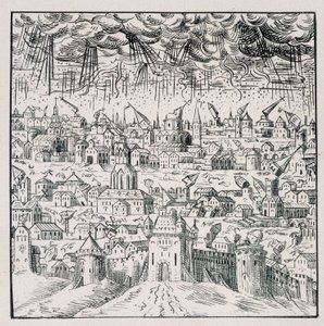 Földrengés Badenben – a „” 39 figurából álló gyűjtemény, amely Franciaország 1562 és 1586 közötti katasztrófáit ábrázolja”; Louis Perrin nyomtatás alkotó: Unknown artist