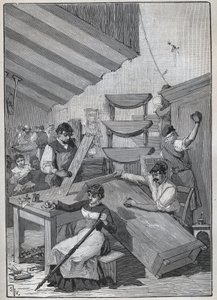 Ebenisterie: bélyeglakkozási műhely. Metszet 1885-ből Adolphe BITARD „Les arts et metiers illustres” című könyvében. alkotó: Unknown artist