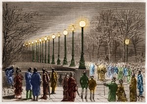 Elektromos világítás: állólámpák a londoni Victoria rakpartról, Nagy-Britanniában. Metszet a "" La Nature"-be alkotó: Unknown artist
