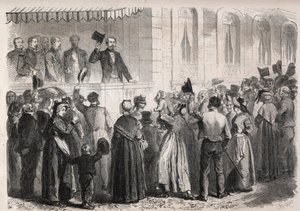 III. Napóleon császár (1808-1873) Strauss a Vichy villájának teraszán, 1861. július 7-én, vasárnap köszöntötte a vidék lakossága - Metszet: „A jeles világ” alkotó: Unknown artist