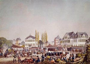 I. Napóleon császár (1769-1821) áttekinti a frankfurti csapatokat. Metszet 1813-ból. Frankfurt, Történeti Múzeum alkotó: Unknown artist
