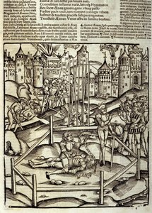Eneide de Virgil (Kr. e. 70–Kr. e. 19), XII. könyv, a trójai hős, Enee megöli a turnuszi csatában a latinok és rutulák szeme láttára. Sebastian Brant (1458-1521) xilográfiája. Strasbourg alkotó: Unknown artist