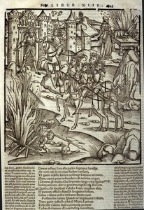 Eneide de Virgil (Kr. e. 70-Kr. e. 19), XIII. könyv (supplementum), a trójai hős Enee fogadja a latinokat, áldozatokat hoznak a háború áldozatainak tiszteletére. Sebastian Brant (1458-1521) xilográfiája. Strasbourg alkotó: Unknown artist