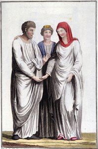 Eljegyzés vagy házassági ígéret: dextrarum iunctio vagy egyenes kezek egyesülése. századi metszet. alkotó: Unknown artist
