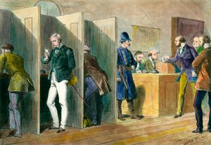 Angol demokrácia: Egy szavazóhelyiségben az angliai választások idején, a szavazófülkék képviseletével. századi metszet. Coll. Ki. alkotó: Unknown artist