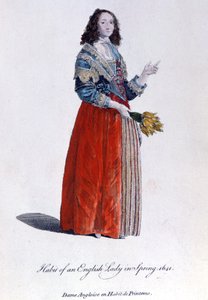 Angol nő tavaszi ruhában 1641-ben. 19. századi metszet. alkotó: Unknown artist