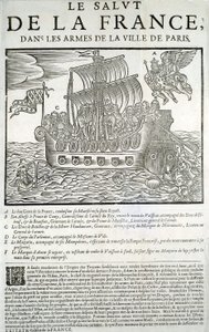 Vésett fa. Mazarinade politikai röpirat: "" Franciaország üdvössége, Párizs város karjaiban" A - Franciaország jó zsenije, aki felemészti felségét (XIII. Lajos) királyi flottájában, B - Conty herceg, C - Duc de Bouillon és de la Motte-Hauda alkotó: Unknown artist