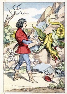 Egy lelkészt ábrázoló metszet késsel, készen áll, hogy szembenézzen a sárkánnyal. A vadállat megmerevedett, amint a lelkész kinyitotta a kését. Charles Perrault meséje: „A fuvola és az elvarázsolt kés” alkotó: Unknown artist