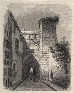 A jeruzsálemi Arab Medrese (Felsőiskola) bejárata, ahol a templom Mesha sztéléjét temették el – 1873. januári „The Illustrious World” metszet alkotó: Unknown artist
