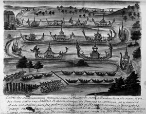 A francia nagykövetek belépése a Sziám-folyóba – a Sziámi Királyság 1688-as történelmi utazásaiban. alkotó: Unknown artist