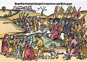 A tatárok bevonulása Magyarországra IV. Béla (1235-1270) uralma alatt. Metszet a „Chronica Hungariae”-ból”. Biblioteca Marciana, Velence. alkotó: Unknown artist