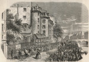A párizsi Quai des Orfevres sarkán lévő rue de Jerusalem rendőrségi prefektúra belépése a 19. században 1871 előtt – Edmond Texier 1852-es metszete „Tableau-de-Paris”-ban. alkotó: Unknown artist