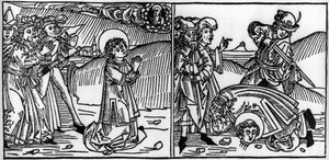 Epizód Szent Donát életéből (meghalt 355 körül) Metszet a Voragine-i Jacobus (James) (1228-1298) „Leben der Heiligen - sommerteil” (A szent könyvéből). Lübeck 1488. alkotó: Unknown artist